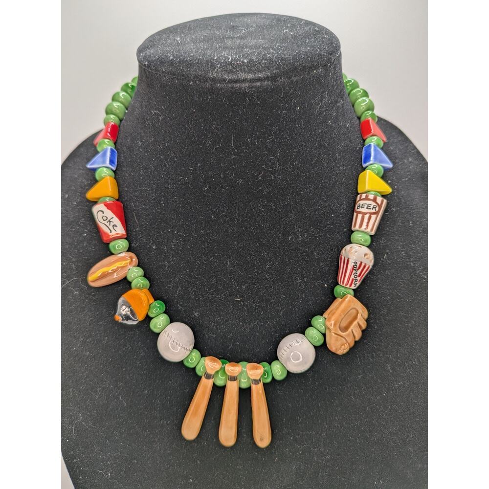 Vintage Flying Colors Ceramic Baseball Theme Necklace 19.5" Excellent Condition